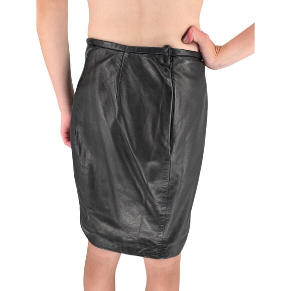 Vintage 1990s Oscar De La Renta Womens 2P 100% Leather Knee Length Skirt Black - Picture 3 of 5